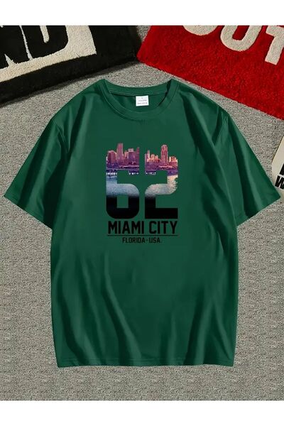 caddekombin Πράσινο μπλουζάκι από βαμβακερό στρογγυλό λαιμόκοψη Miamı Ctıy