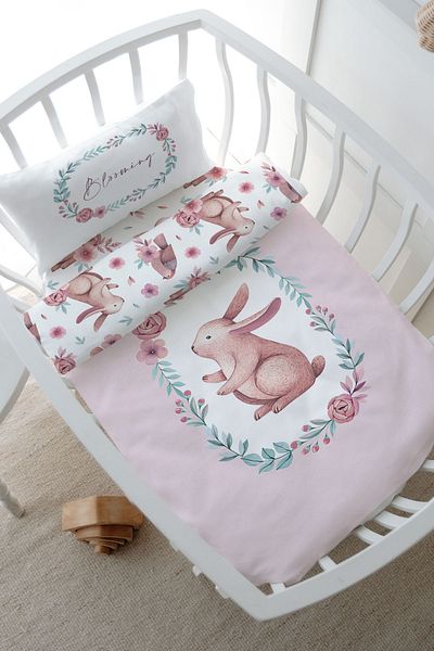 Tuğba Kuğu Park Bed Duvet Cover Set (80X120) - Iconic Series - Pink Wreath Rabbit