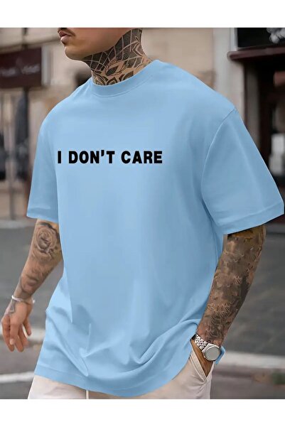 caddekombin Tricou albastru din bumbac pieptănat cu imprimeu I Dont Care