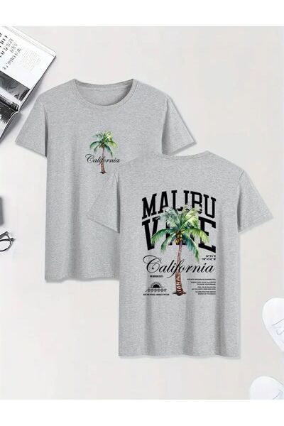 caddekombin Tricou unisex din bumbac cu gât rotund cu imprimeu MaLıbu, gri