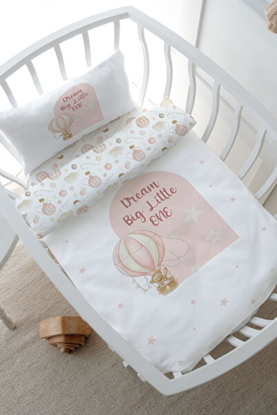 Tuğba Kuğu Anne Yanı Beşik Nevresim Takımı (60x100) - For Baby Serisi - Pembe Balonda Ayı