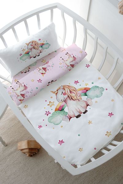 Tuğba Kuğu Mother's Side Crib Duvet Cover Set (60X100) - for Baby Series - Rainbow Unicorn