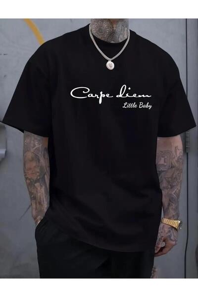 caddekombin Tricou negru cu gât rotund din bumbac pieptănat cu imprimeu Carpe