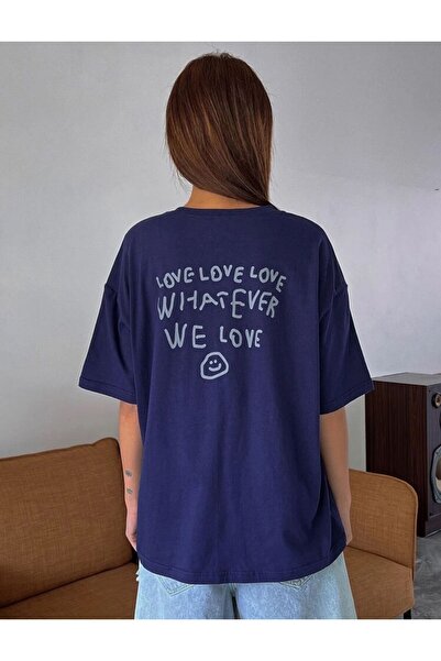 caddekombin We Love Μπροστινό Πίσω Εμπριμέ Γυναικείο Βαμβακερό Βαμβακερό Μπλουζάκι Basic Navy Blue