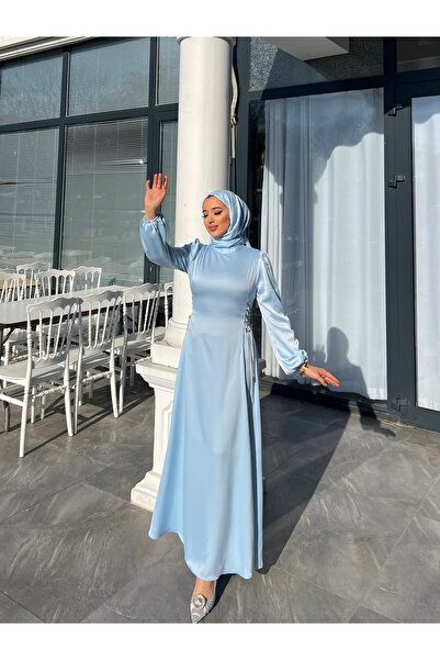 dezer Yan taşlı zincir detay saten elbise/abiye