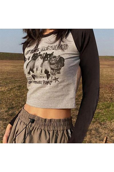 Köstebek Crop cu mânecă lungă Can I Stroke Him gri