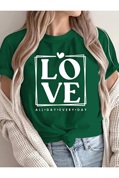 caddekombin Love All Day Baskılı Pamuk Penye Yuvarlak Yaka Yeşil T-shirt