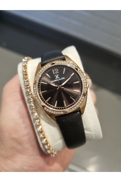 Daniel Klein - New Model Women's Black Leather Rhinestone Watch+Gift Bracelet