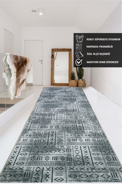 NaRStore Home İskandinav Desen Gri Kaymaz Taban Yıkanabilir Kesme Yolluk Halı