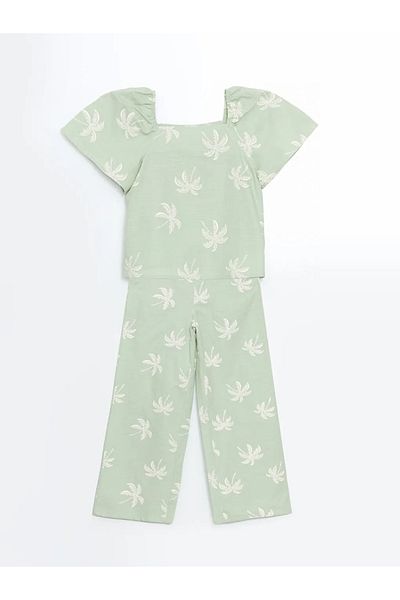 LC Waikiki Lcw Kids Green Square Collar Girls Blouse and Pants