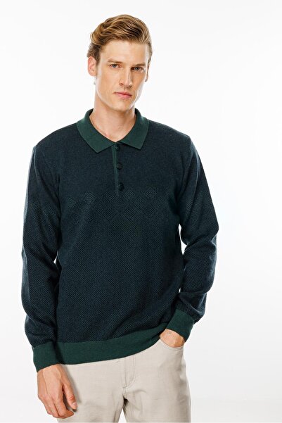 Desen Triko Men's Polo Neck Chest Diamond Patterned Wool Sweater Green