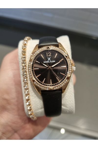 Daniel Klein - New Model Women's Black Leather Rhinestone Watch+Gift Bracelet