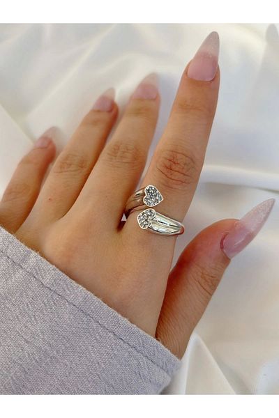 Eylülün Takısı Silver Colored Spiral Stone Heart Women's Ring