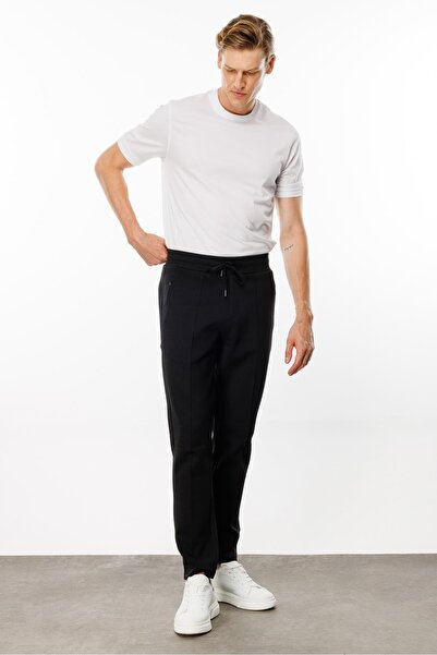 Desen Triko Erkek Cepleri Fermuarlı Eşofman Altı Siyah