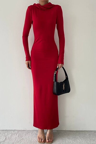 bayansepeti Kırmızı Sandy Kumaş Kapüşonlu Yaka Uzun Kollu Midi Abiye Elbise 293