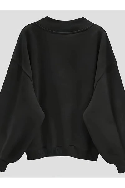 FUWEAR Siyah Oversize V Yaka Düz Sweatshirt