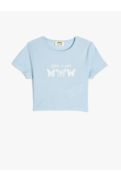 Koton Tricou crop din bumbac cu mânecă scurtă cu imprimeu fluture