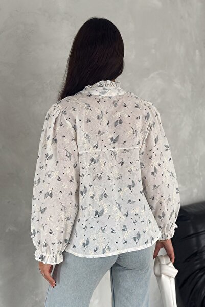 FEMELLE Women's Gray Stand Collar Leaf Embroidery Embroidered Buttoned Shirt