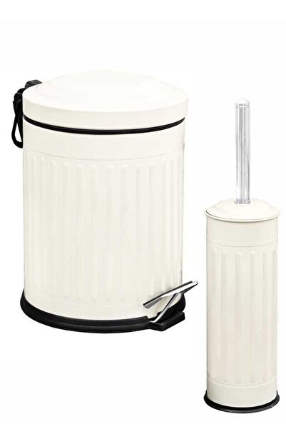 BySevil Vintage Λευκό Σετ Κάδος Απορριμμάτων 2 τεμαχίων Σετ Μπάνιου Ριγέ Μοντέλο 5 Λίτρων και Σετ Βούρτσας Τουαλέτας