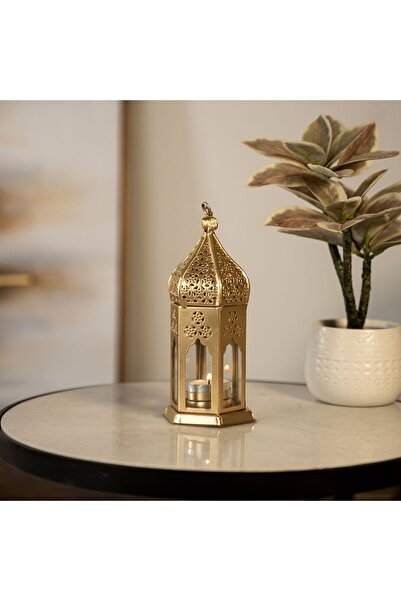 THE Home Altın Metal ve Cam Fas Feneri 20 Cm, Modern Dekoratif Tasarım