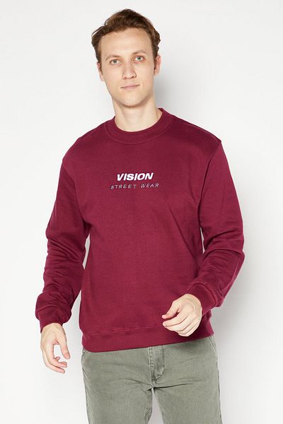 Vision Street Wear Men Crew Neck Long Sleeve Embroidered Logo Sweatshirt, Maroon