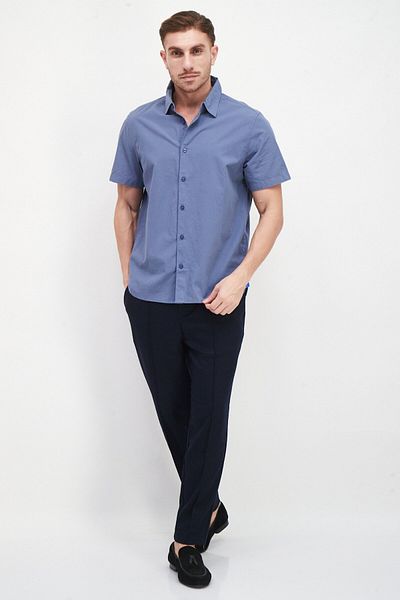 Vince Camuto Men Regular Fit Short Sleeves Plain Casual Shirt, Stone Blue