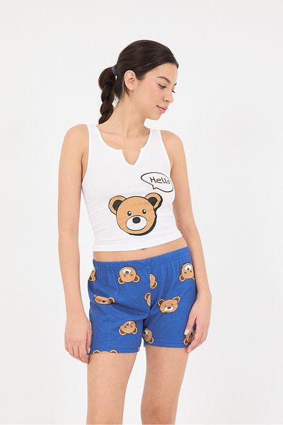 Addax Teddy Bear Printed Pajamas Set with Shorts - Ş088-T8