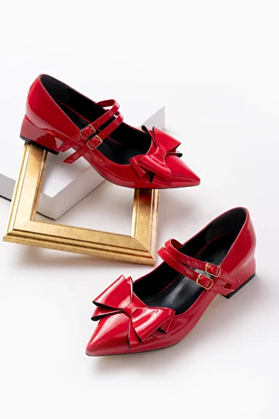 DURUNUN BUTİĞİ Atto Red Patent Leather Bow (4 cm) Pointed Toe Heeled Shoes