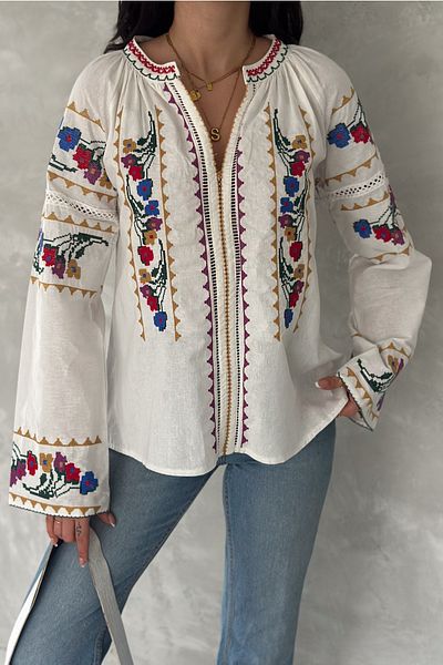 FEMELLE Women's Cross Stitch Embroidered Cotton Blouse