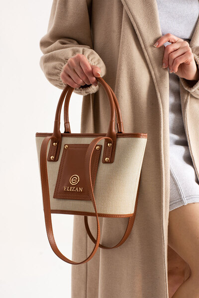 Elizan Mini Kova Modern Bej/taba Keten Çapraz Kadın Çantası