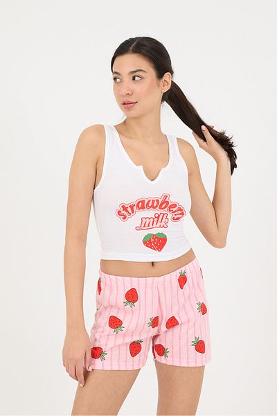 Addax Strawberry Printed Pajamas Set with Shorts - Ş072-T6