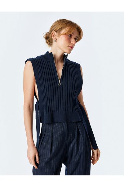 Koton Stand Collar Sleeveless Sweater with Side Ties and Zipper Detail