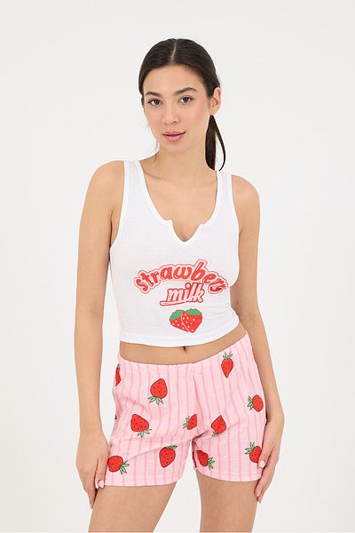 Addax Strawberry Printed Pajamas Set with Shorts - Ş072-T6