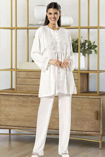 Xses 4100 Women's Pregnant Maternity Pajama Set with Robe-ecru