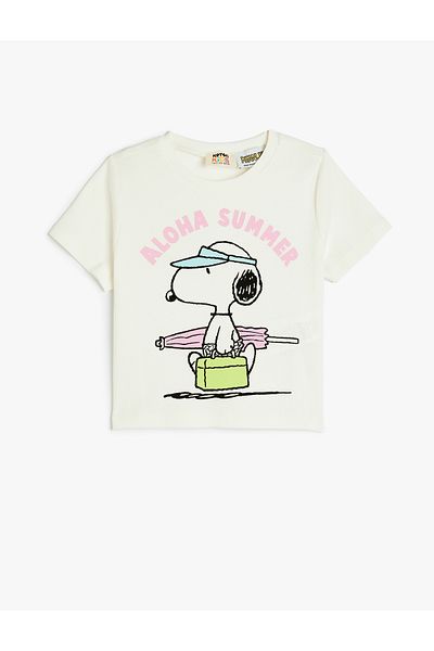 Koton Snoopy Printed Crew Neck Short Sleeve Cotton Licensed Crop T-Shirt