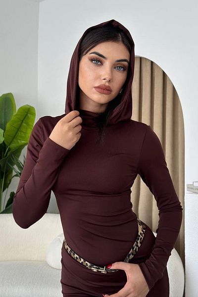 WOMAN VISION Γυναικείο μίντι βραδινό φόρεμα με μακρυμάνικο γιακά με κουκούλα σε καφέ αμμώδες ύφασμα 293