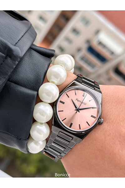 Ferrucci 34 mm Kasa ,Siyah Renk Çelik Kordon, Şeftali Renk Kadran Tasarım Kadın Kol Saati+Bileklik Hediyeli