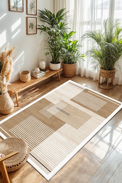 Confidence Home Makinede Yıkanabilir Kaymaz Taban Leke Tutmaz Geometrik Bej M...