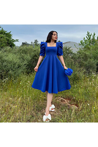 GDS BUTİK فستان متوسط الطول بأكمام البطيخ وفتحة رقبة مربعة