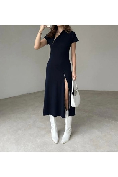 Selence Steel Knitted Fabric Midi Length Dress with Zipper Detail Dark Blue