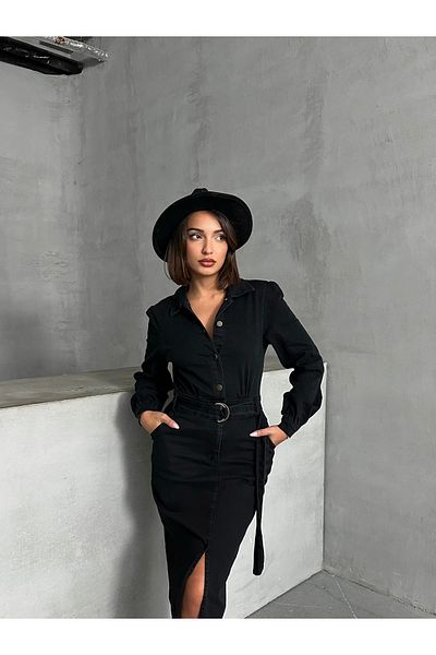 Miss Prova Belted Front Slit Midi Denim Dress Missel00936