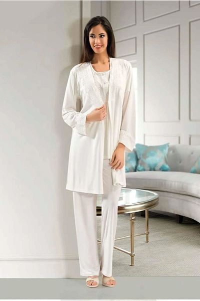 Xses 4001 Women's Pregnant Maternity Pajama Set with Robe-ecru