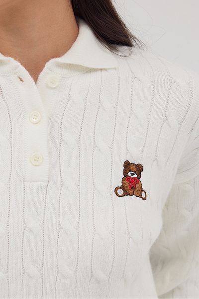 Addax Polo Neck Teddy Bear Embroidered Knitwear Sweater K3425-Asn75