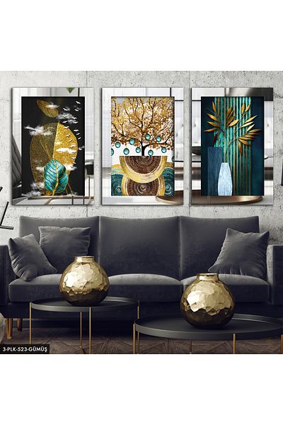 Evinemoda Pictură în oglindă din plexiglas din argint natural abstract 3 piese