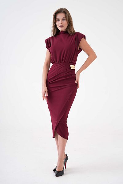 WOMAN VISION Rochie midi burgundy - cu accesorii strălucitoare, căptușeală pentru umeri, țesătură flexibilă 4409
