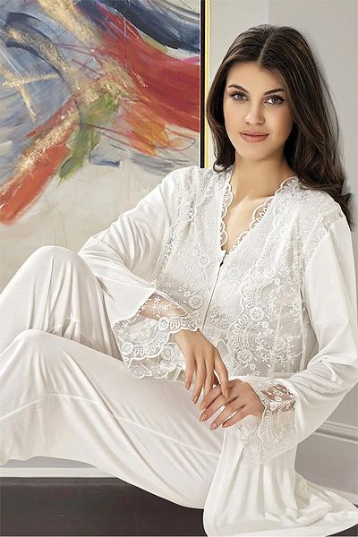 Xses 4300 Women's Pregnant Maternity Pajama Set with Robe-ecru