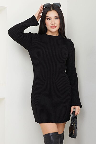 SENSTIL طاقم الرقبة البسيطة تريكو اللباس الأسود SS2633