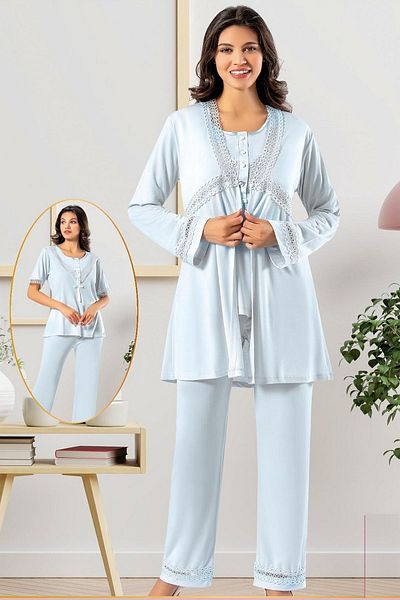 Xses 4850 Women's Maternity Pajama Set with Robe - blue