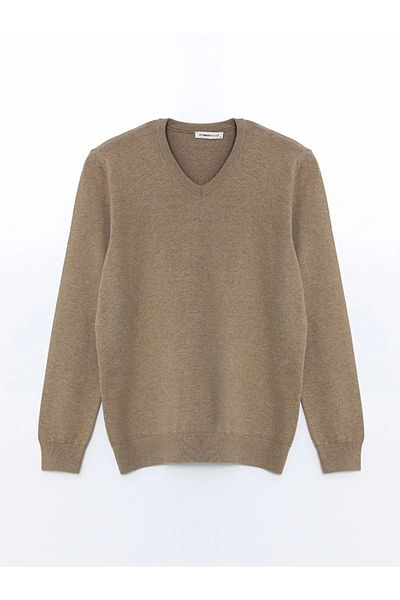 LC Waikiki Lcwaikiki Classic Beige V-Neck Long Sleeve Men's Knitwear Sweater