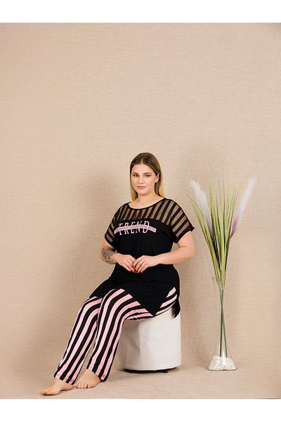 Lady Lingerie Short Sleeve Cotton Oversize Collar Detail Women's Pajamas Set